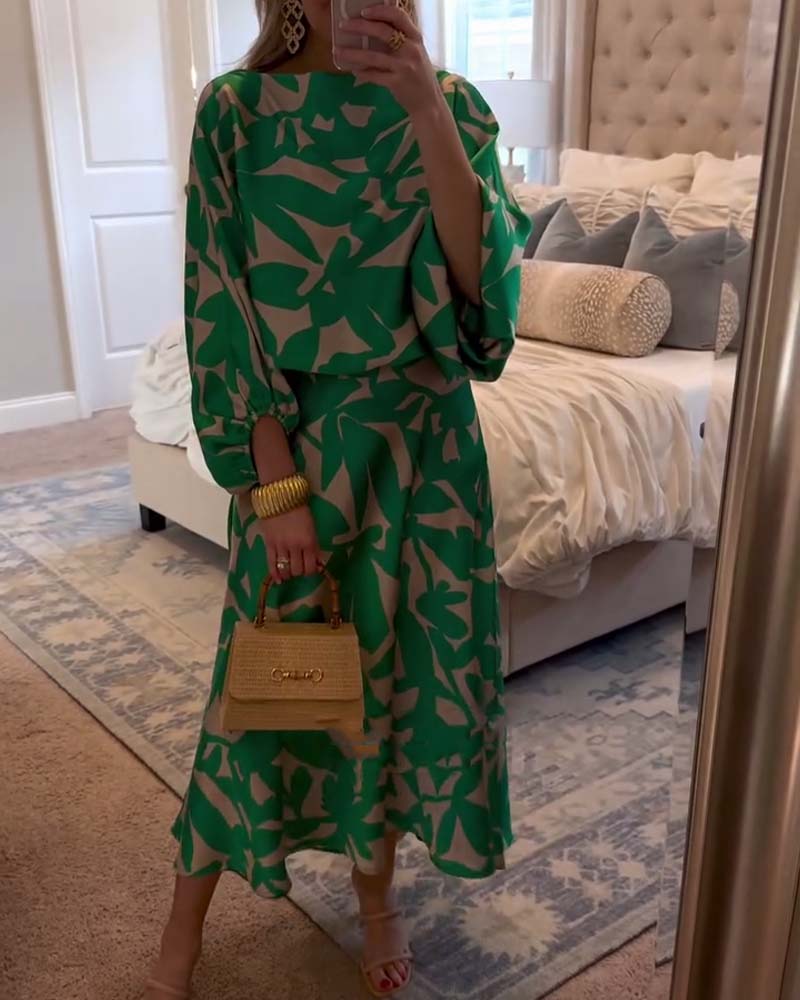 Ensemble de Robe Décontractée à Manches Lanternes Imprimées