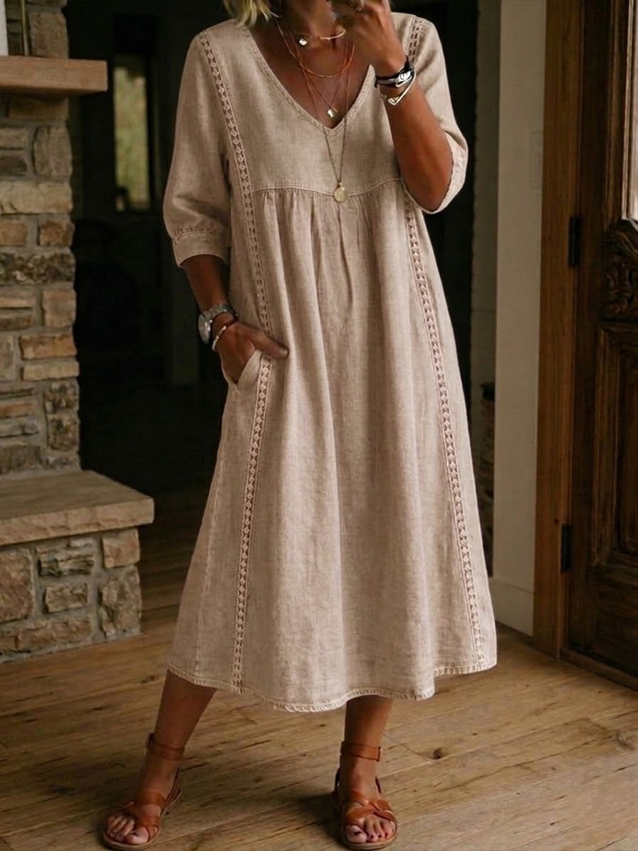 Robe femme coton-lin avec dentelle et col V