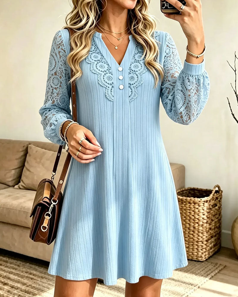 Robe Dentelle Manche Longue Col en V Ligne A