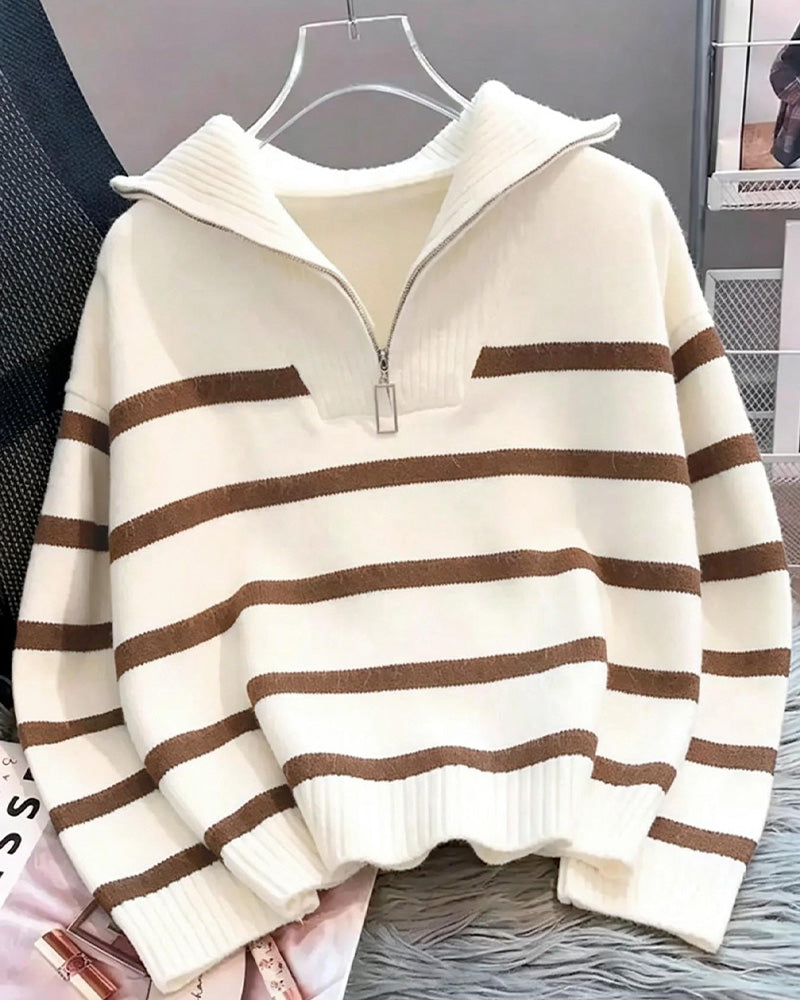 Pull Col Rabattu Zip Rayé Manches Longues