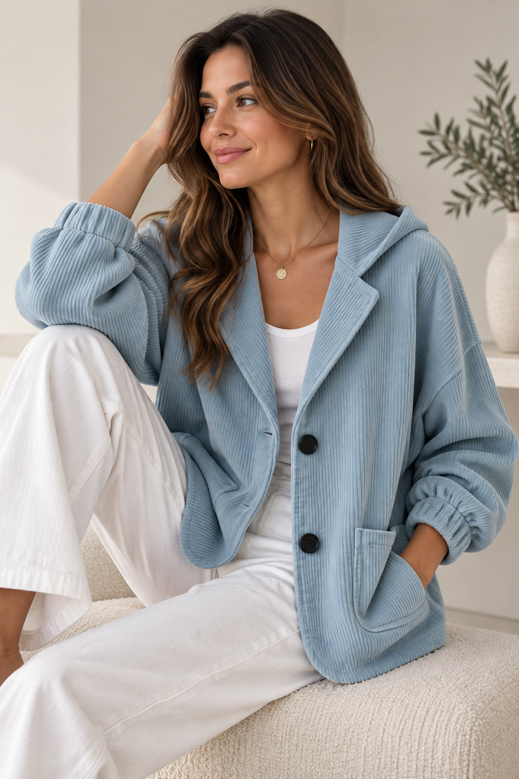 Veste oversize femme en velours côtelé à capuche