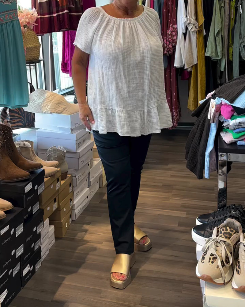 Blouse Col Rond Froncée Décontractée Unie