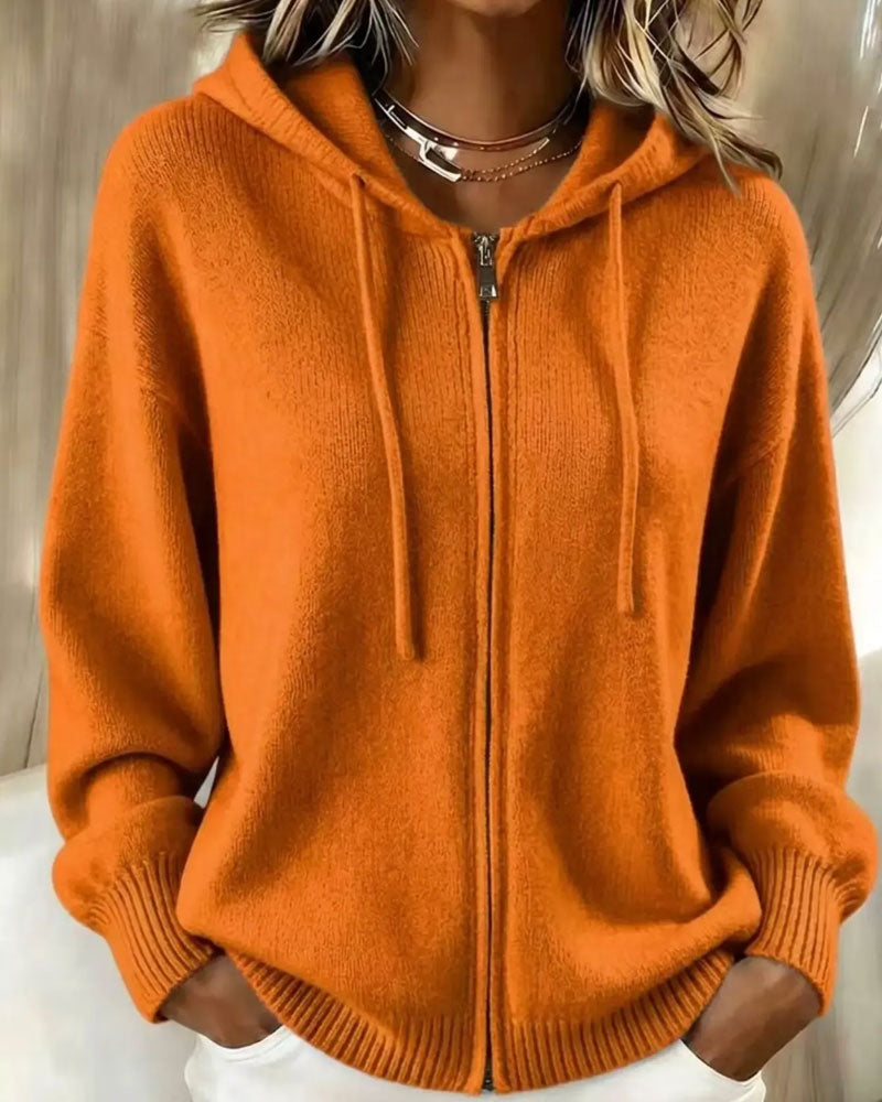 Cardigan Tricot à Capuche et Épaules Tombantes avec Fermeture Éclair