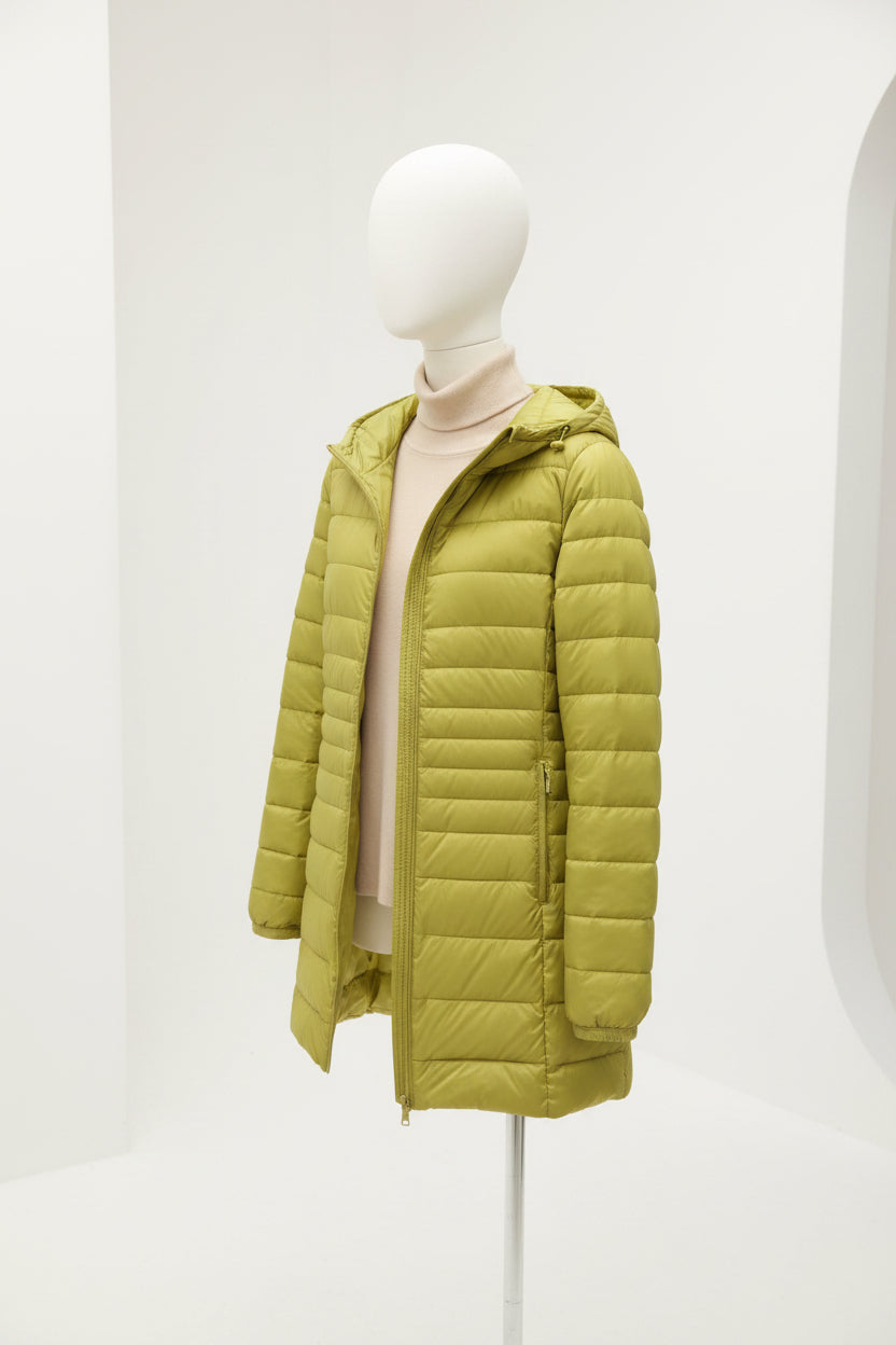 Manteau long matelassé à capuche et fermeture éclair
