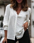 Blouse Col En V Bouton Devant Volant Manches Ballon