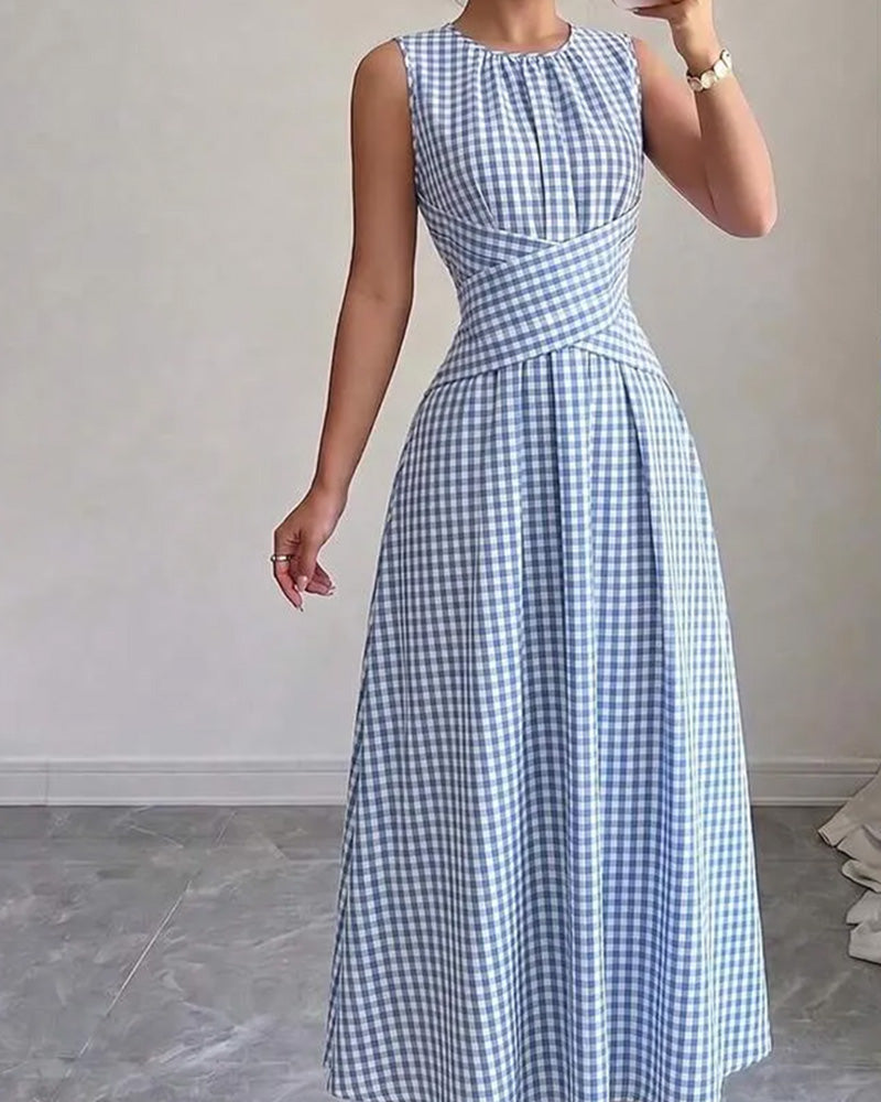 Robe Col Rond Croisé Froncé À Carreaux