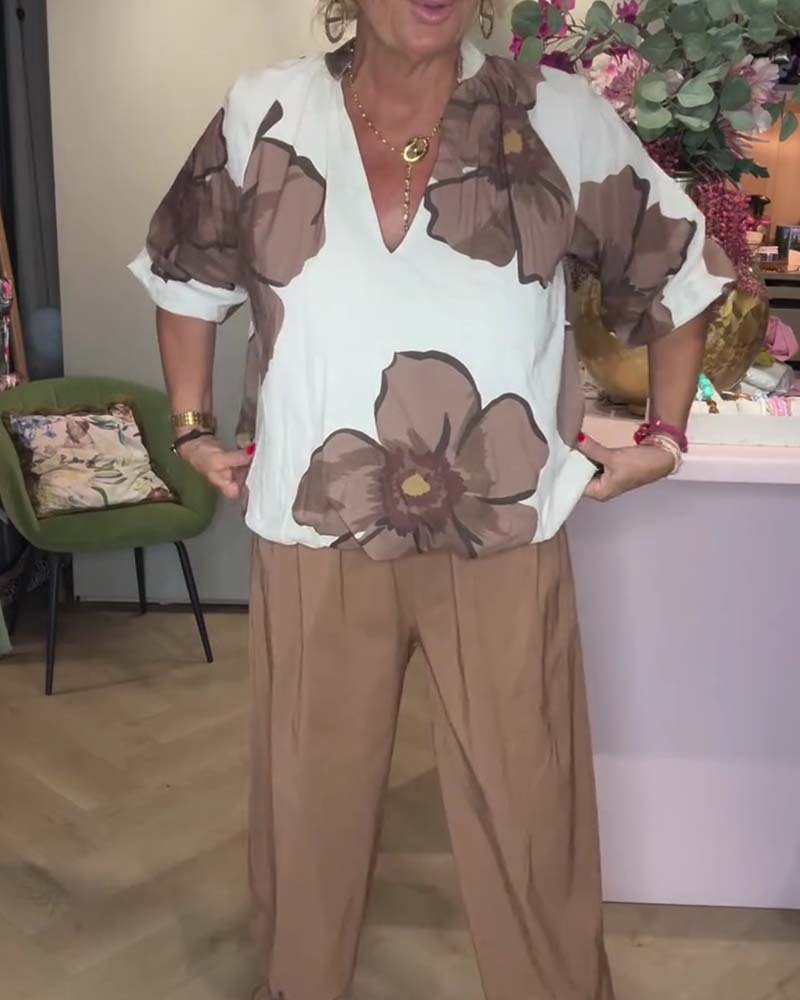 Blouse Col En V Fleuri Manches Mi-Longues Décontractée