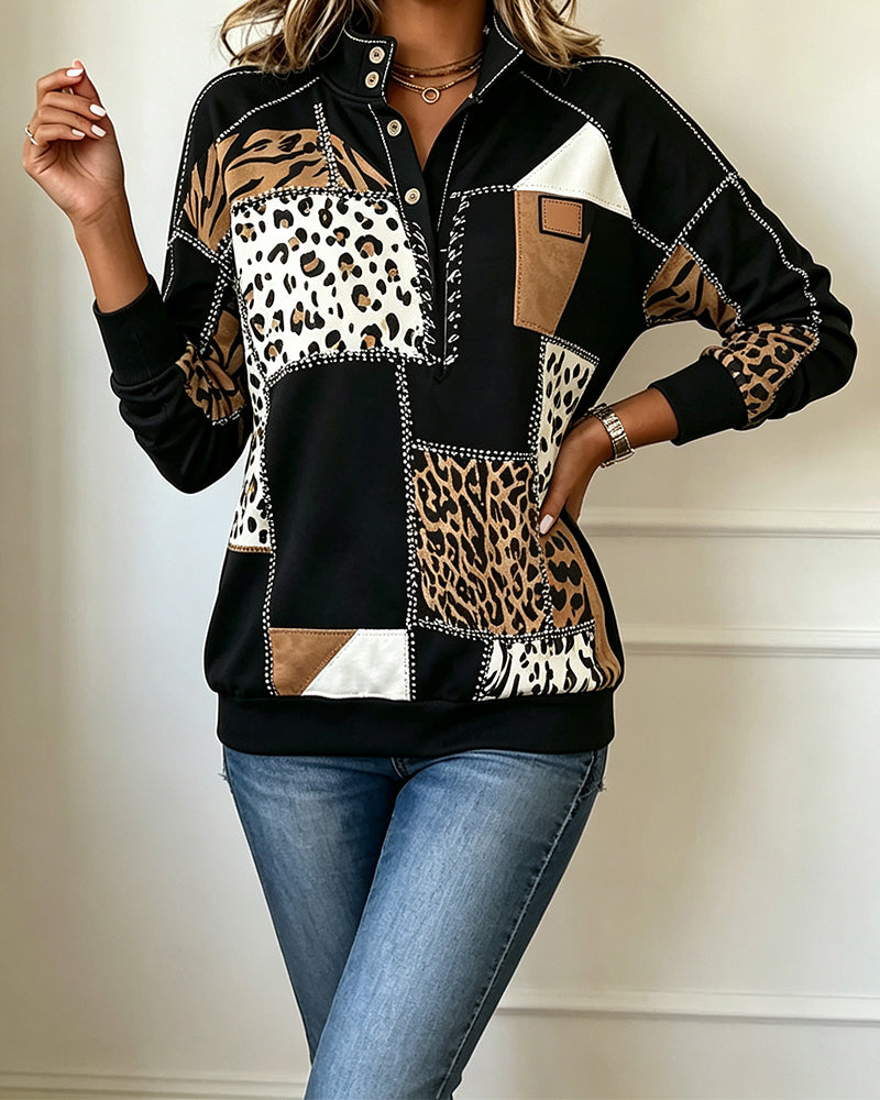 Sweatshirt Léopard Patchwork Col Montant