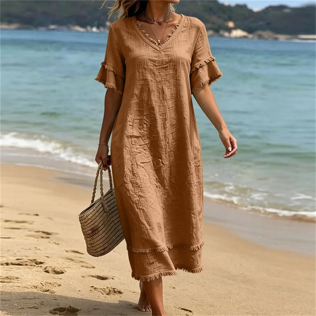 Robe femme bohème col V avec franges et coupe fluide