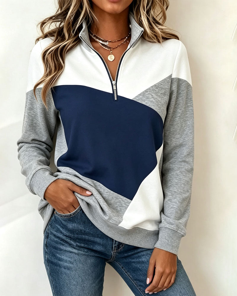 Sweatshirt Géométrique Bloc De Couleur Fermeture Éclair