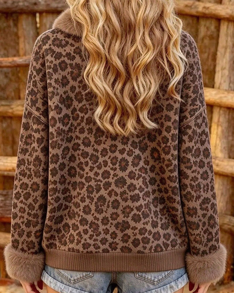 Sweatshirt à boutons à revers imprimé léopard à manches longues