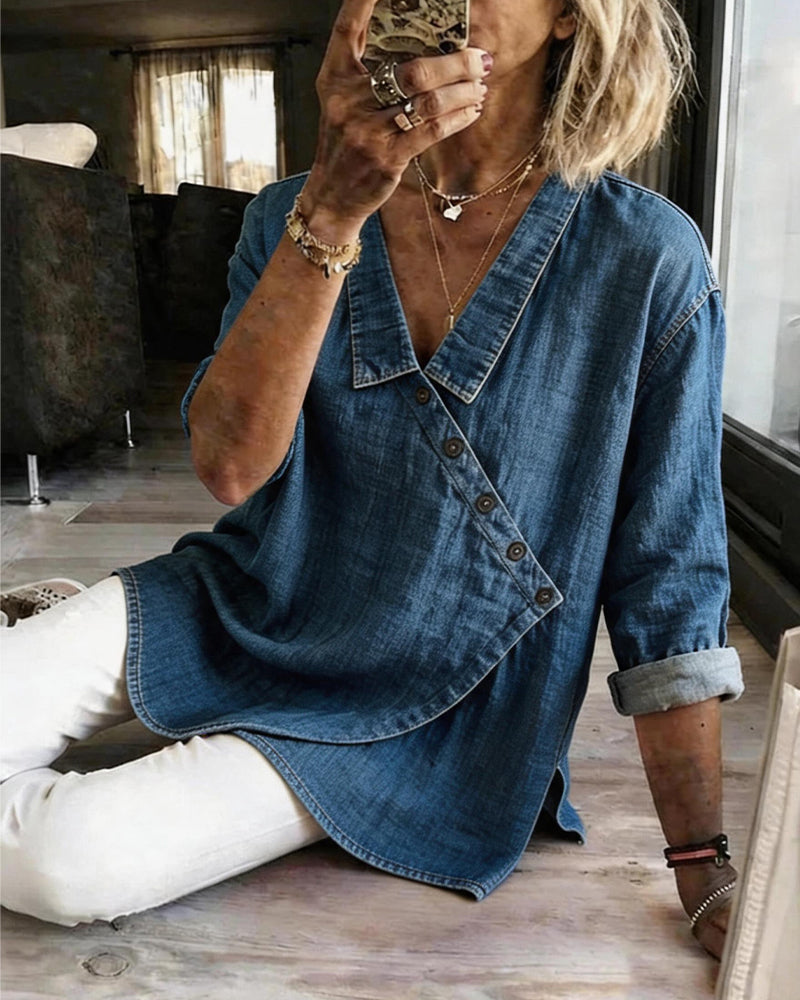 Blouse femme ample à boutons diagonaux style denim
