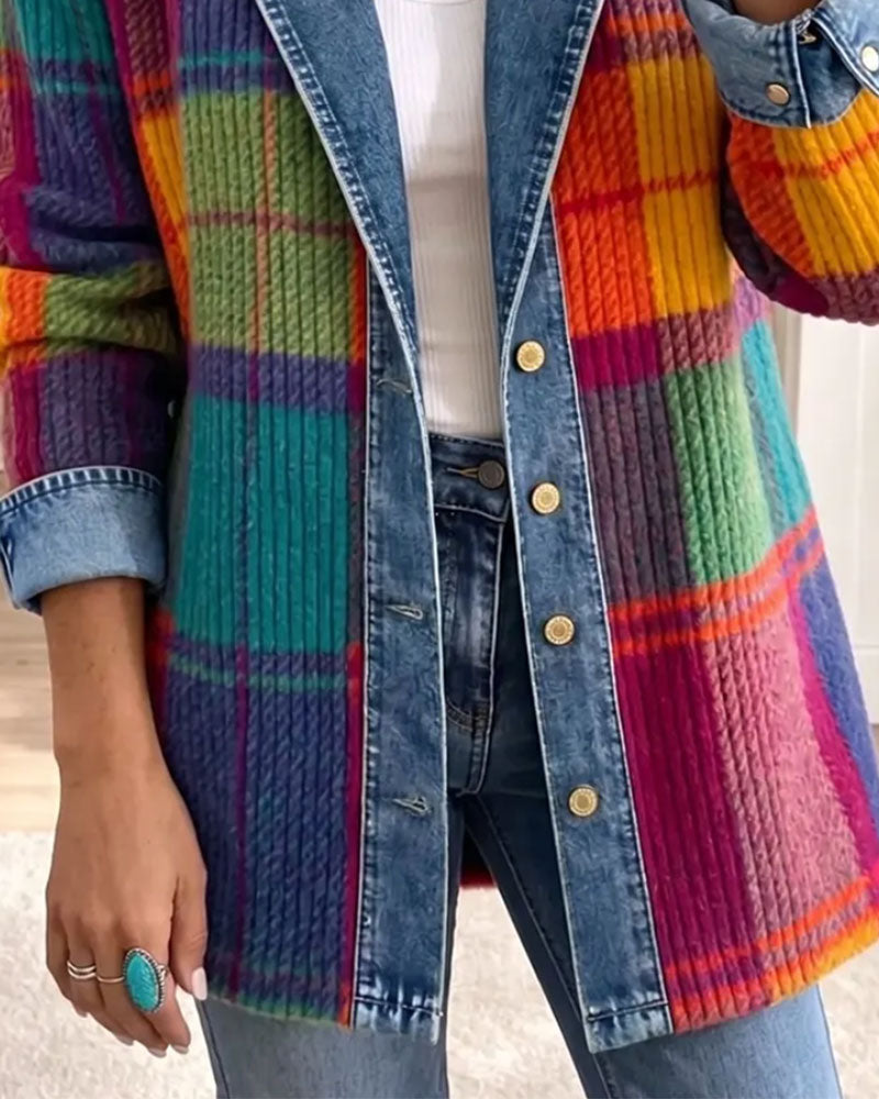 Manteau en Patchwork Denim à Col Revers Boutonné et Rayures de Couleur
