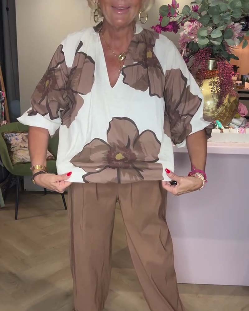 Blouse Col En V Fleuri Manches Mi-Longues Décontractée