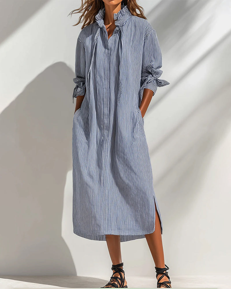 Robe Décontractée Col Montant Rayée Fente