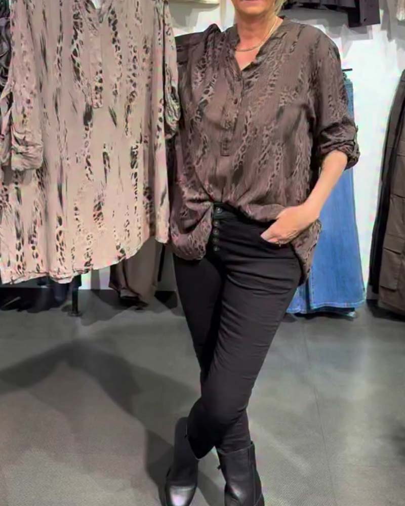 Blouse Col En V Bouton Devant Léopard Imprimé Décontractée