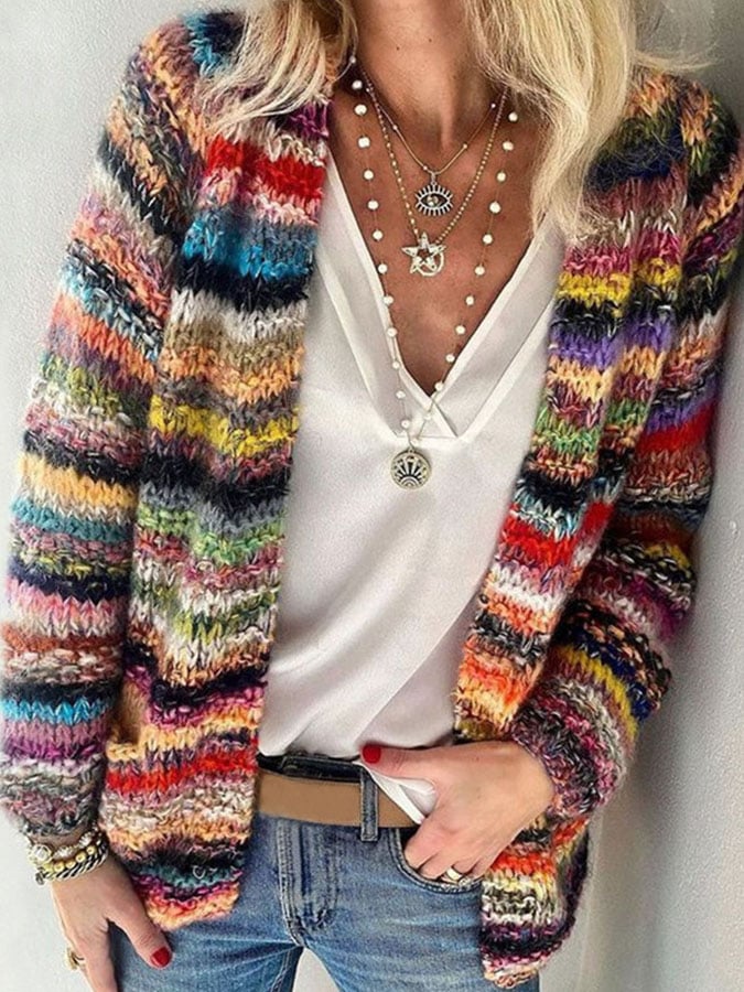Gilet Rayé pour Femmes avec Devant Ouvert – Cardigan Tricoté Boho