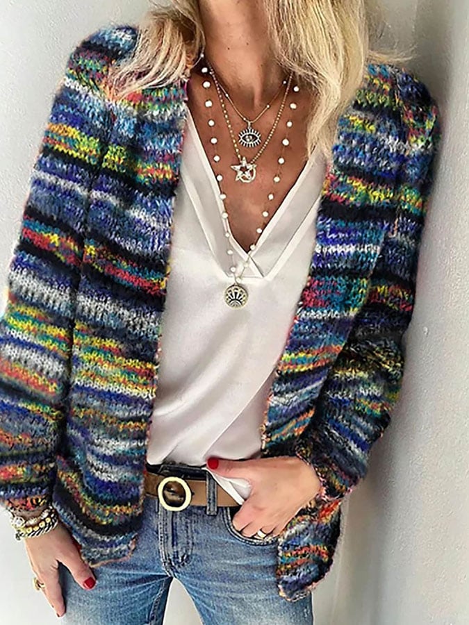 Gilet Rayé pour Femmes avec Devant Ouvert – Cardigan Tricoté Boho