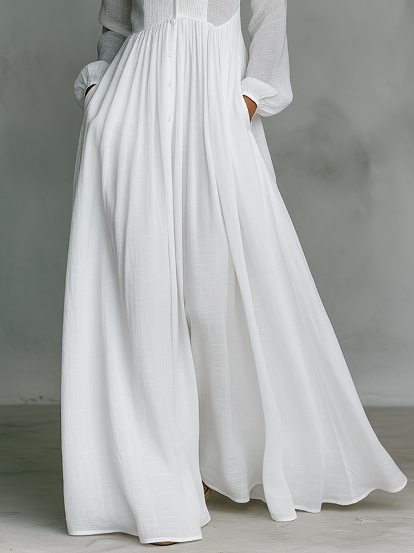 Elisa | Robe maxi en coton et lin avec patchwork, col montant et manches longues - Style minimaliste