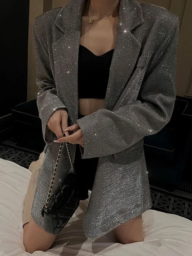 Blazer à Paillettes pour Femme avec Ceinture et Col Revers Classique