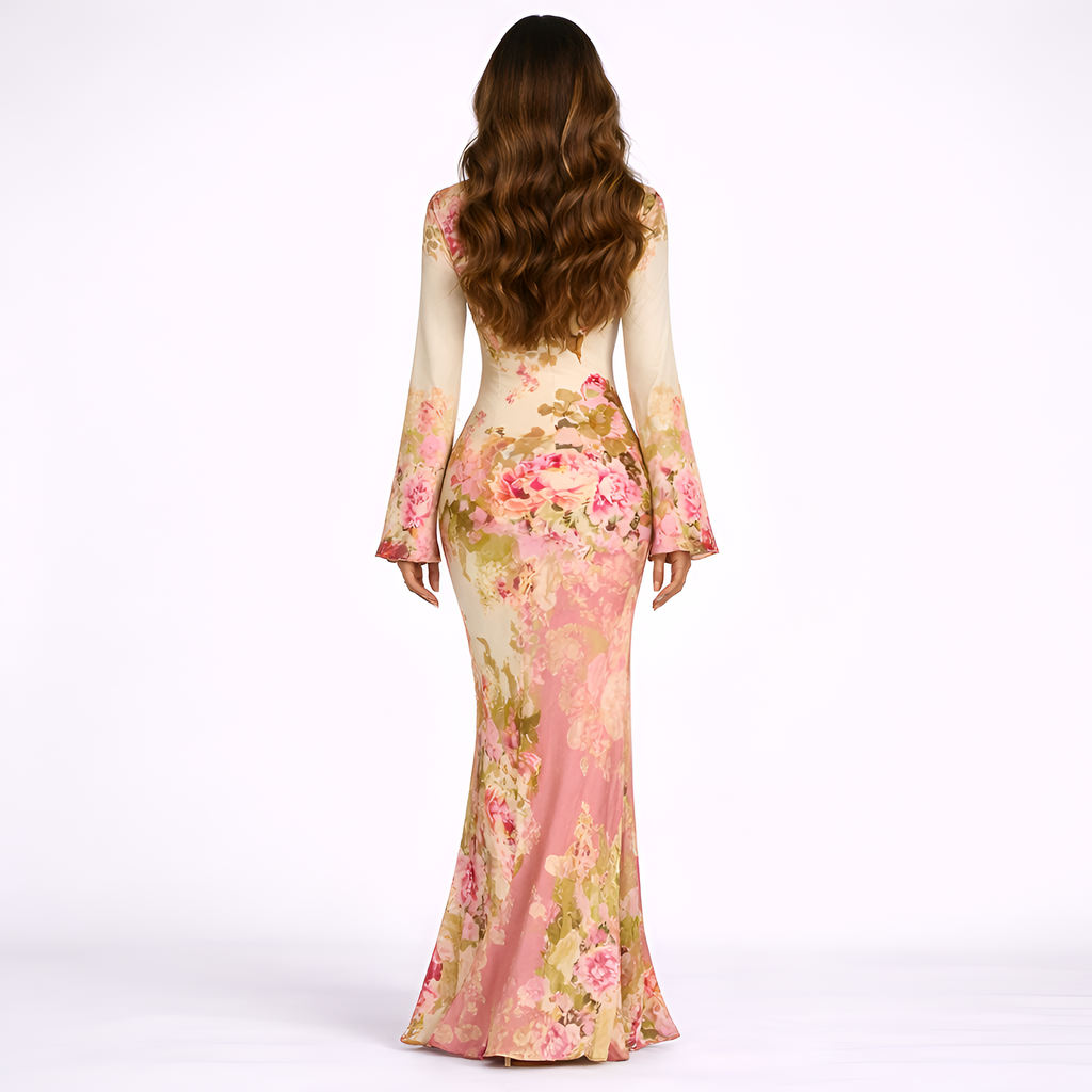 Corrine - Robe longue ajustée à manches évasées et imprimé floral