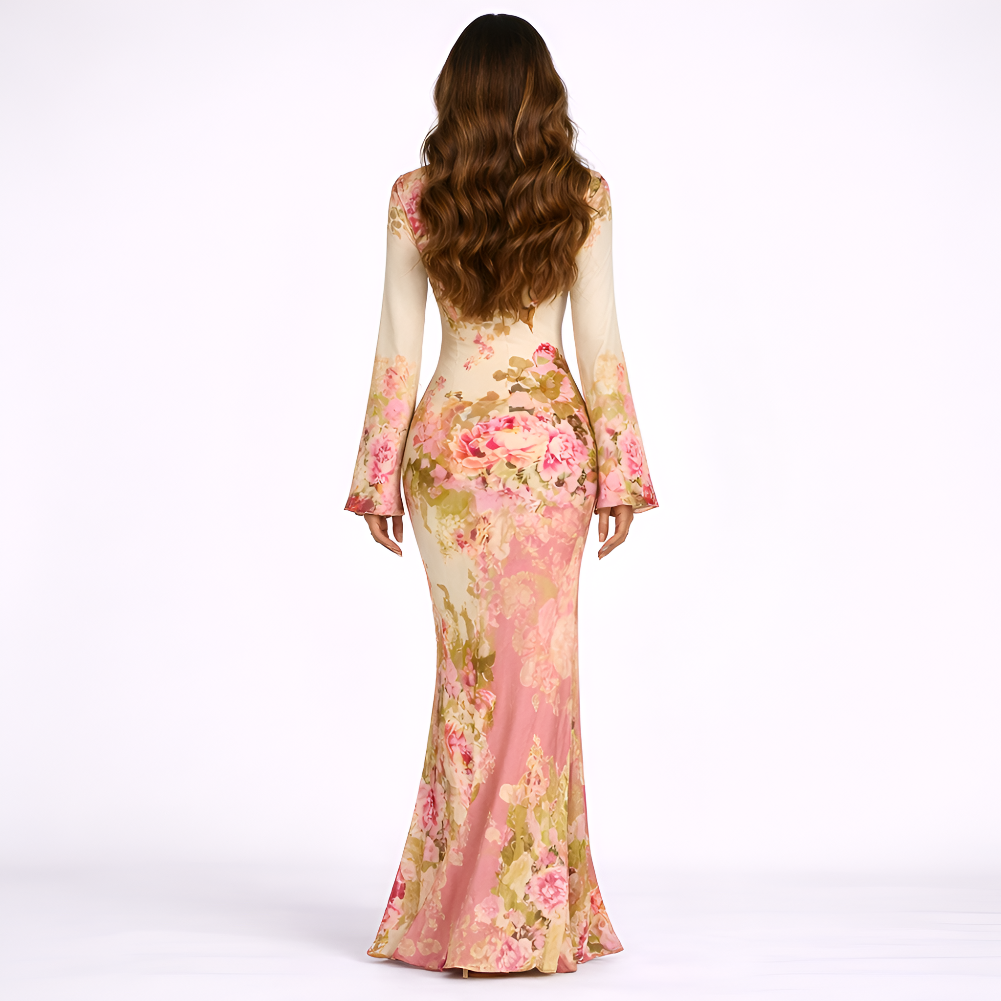 Corrine - Robe longue ajustée à manches évasées et imprimé floral