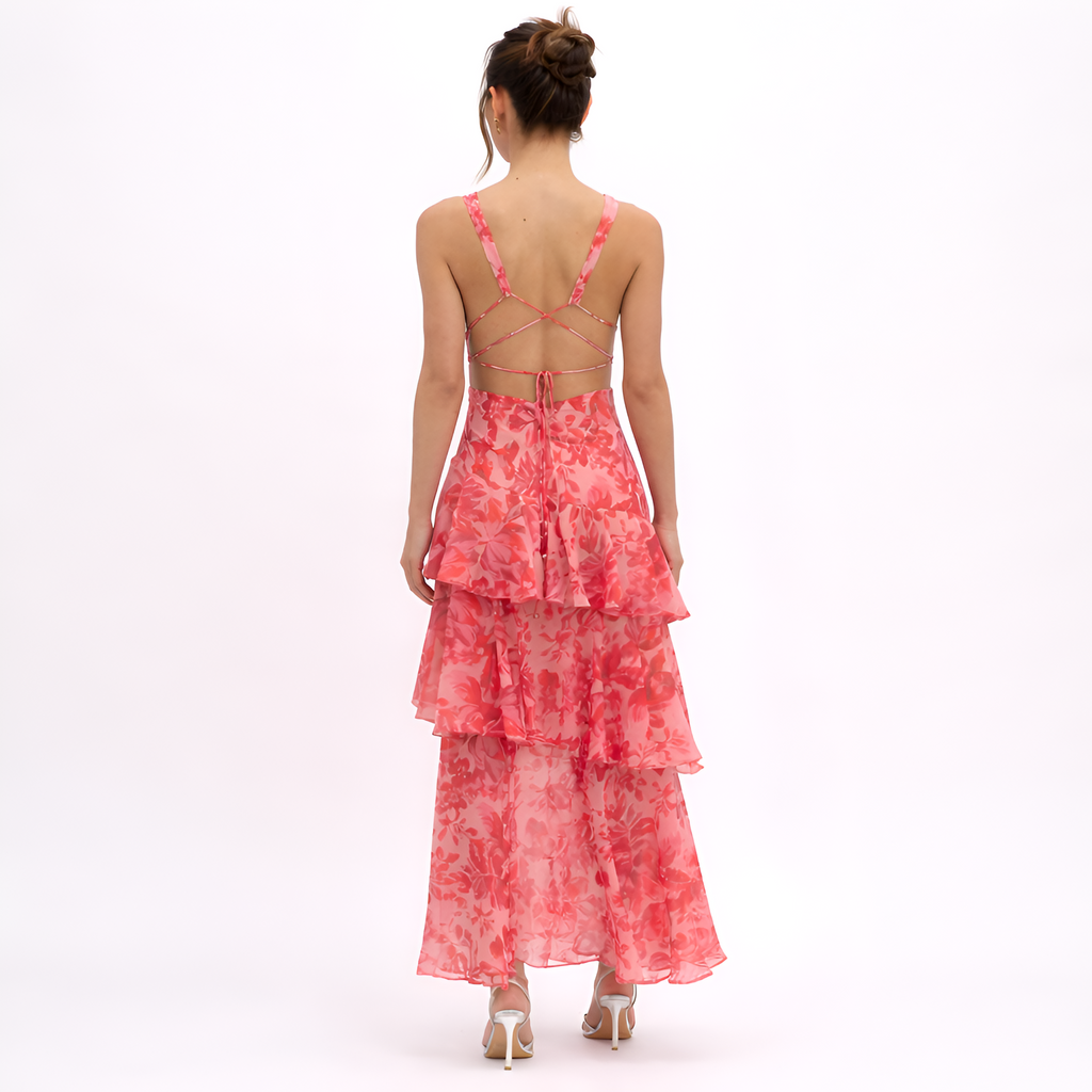 Macie - Robe longue dos nu en mousseline à motifs floraux
