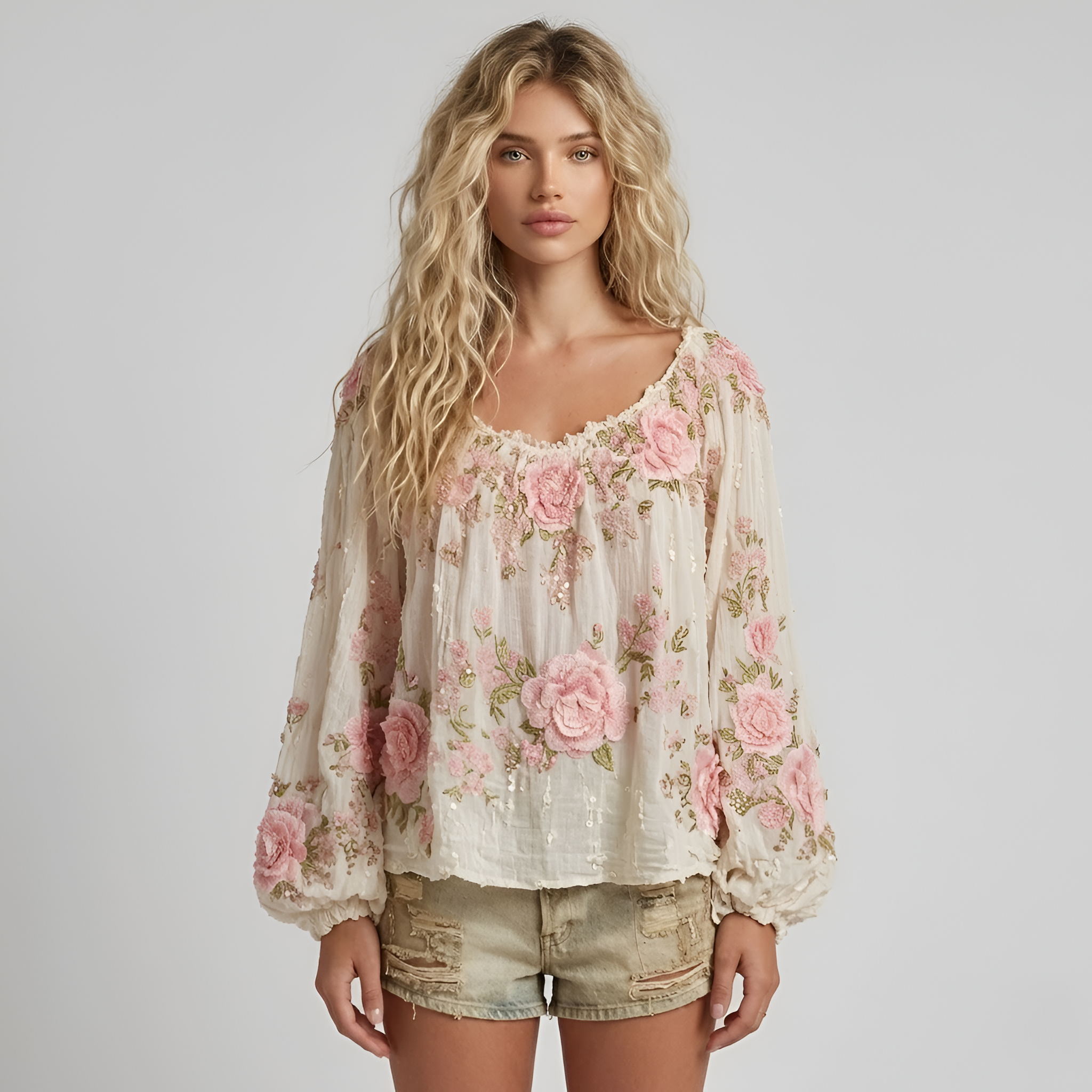 Aaliyah - Élégant chemisier à manches lanterne et motif floral pour femme