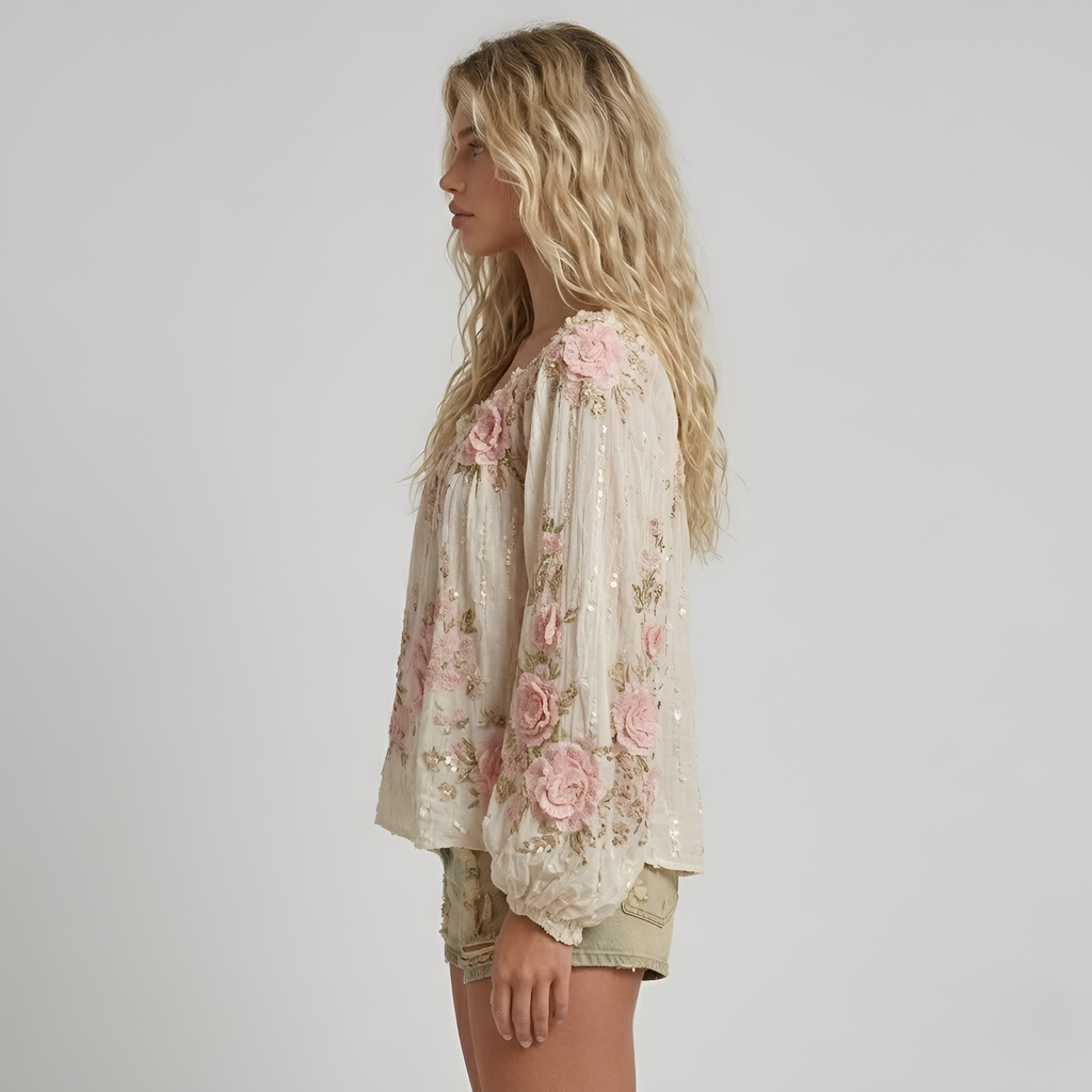 Aaliyah - Élégant chemisier à manches lanterne et motif floral pour femme