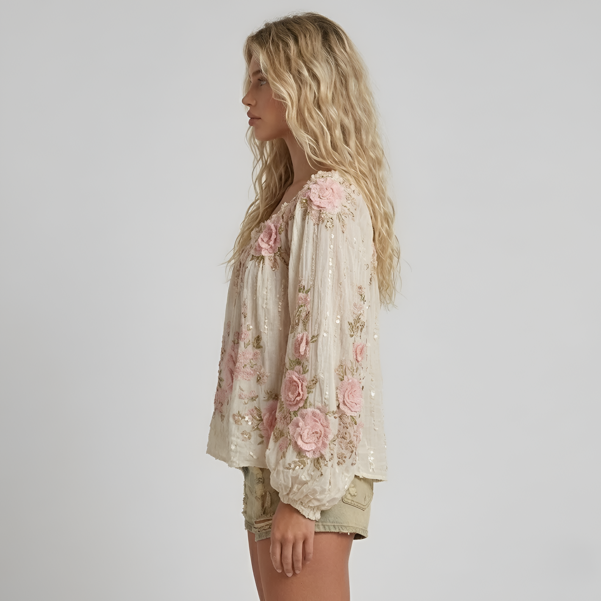 Aaliyah - Élégant chemisier à manches lanterne et motif floral pour femme