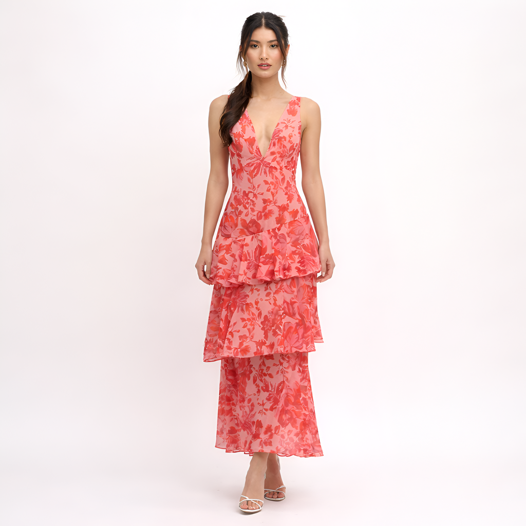Macie - Robe longue dos nu en mousseline à motifs floraux