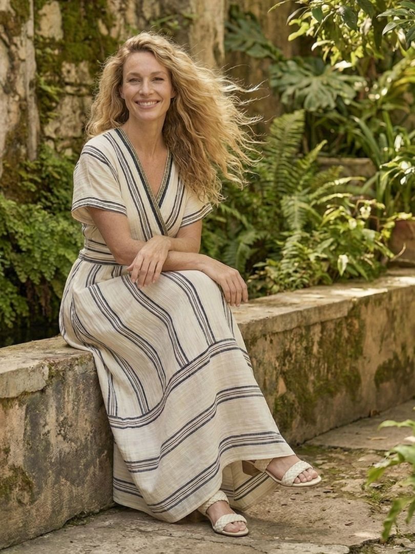 Francesca | Robe Midi Enveloppante Rayée à Décolleté en V pour Femmes