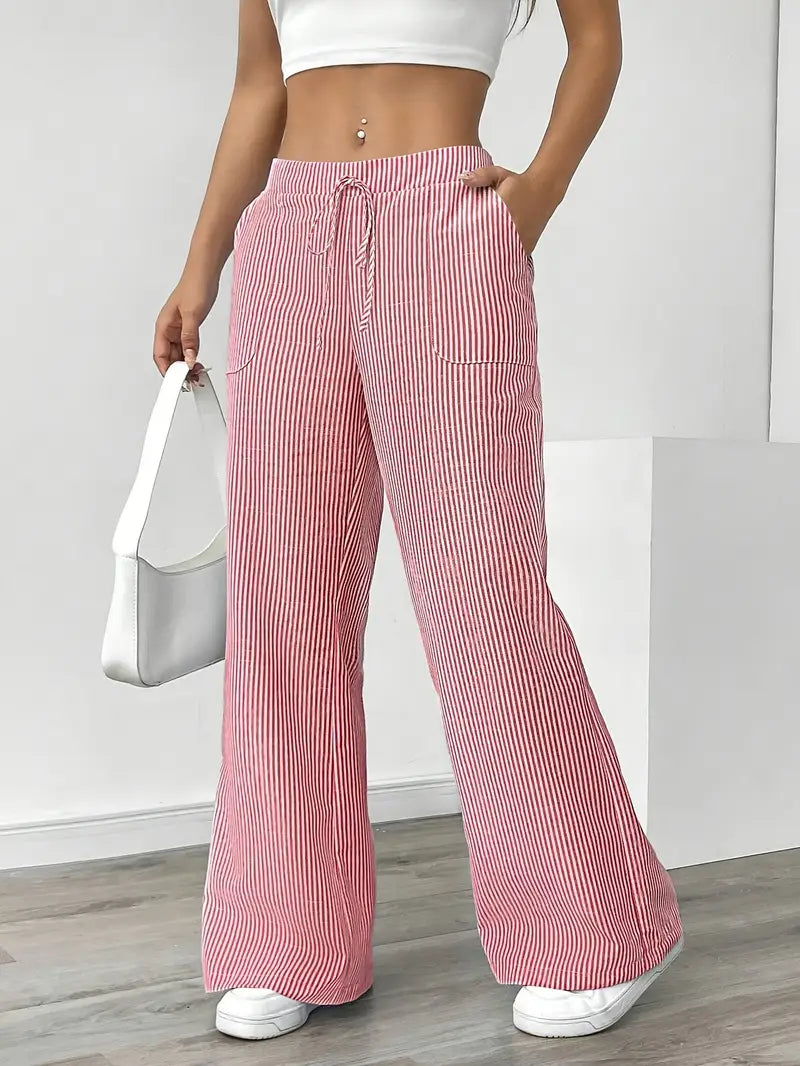 Pantalon rayé pour femmes avec jambe large et cordon de serrage