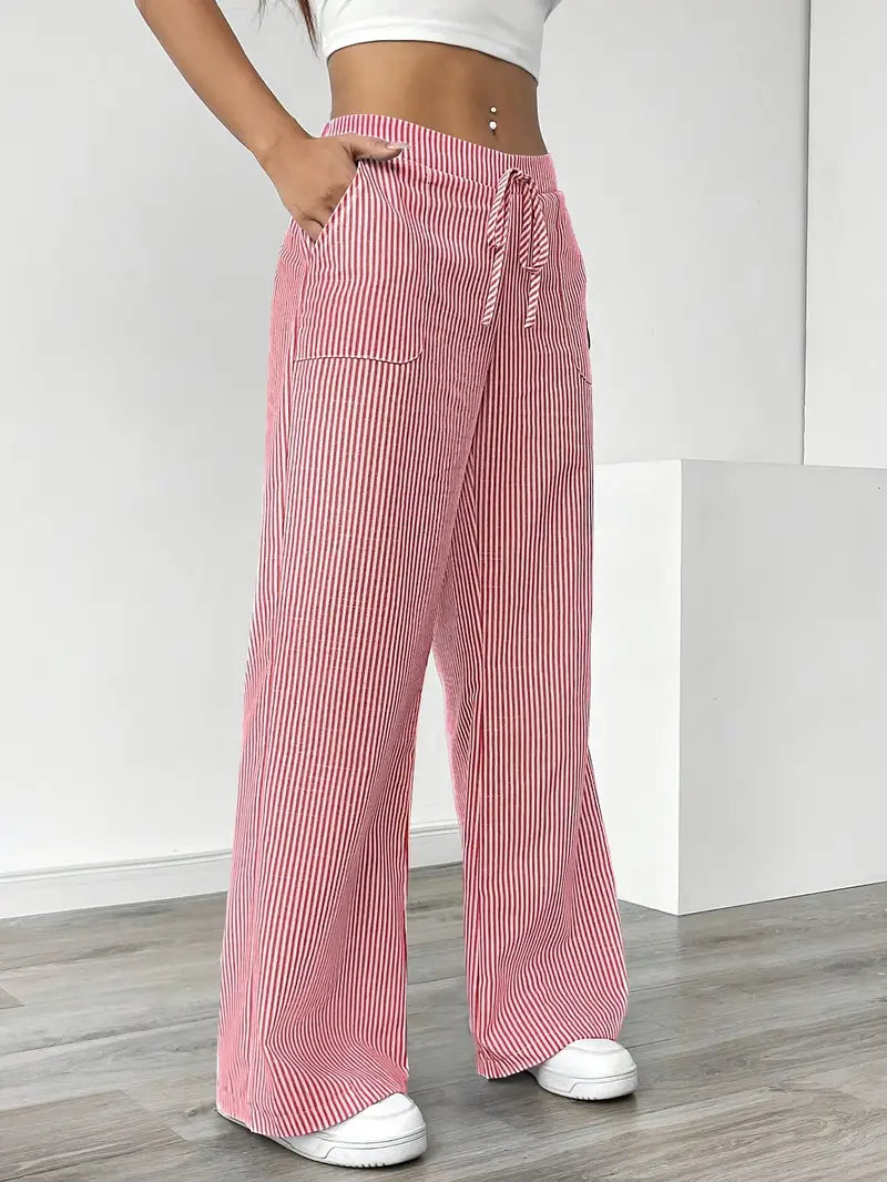 Pantalon rayé pour femmes avec jambe large et cordon de serrage