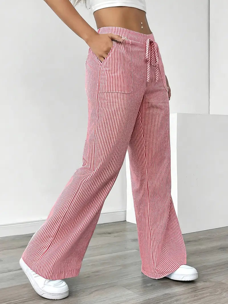 Pantalon rayé pour femmes avec jambe large et cordon de serrage