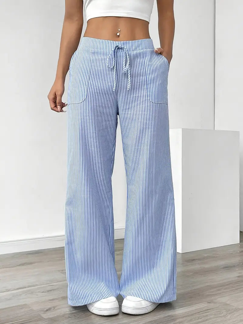 Pantalon rayé pour femmes avec jambe large et cordon de serrage