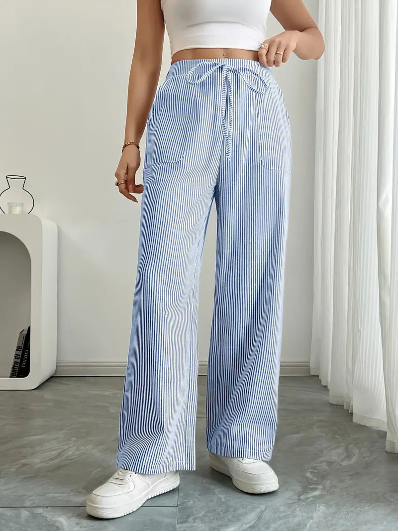 Pantalon rayé pour femmes avec jambe large et cordon de serrage