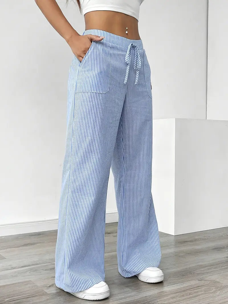 Pantalon rayé pour femmes avec jambe large et cordon de serrage