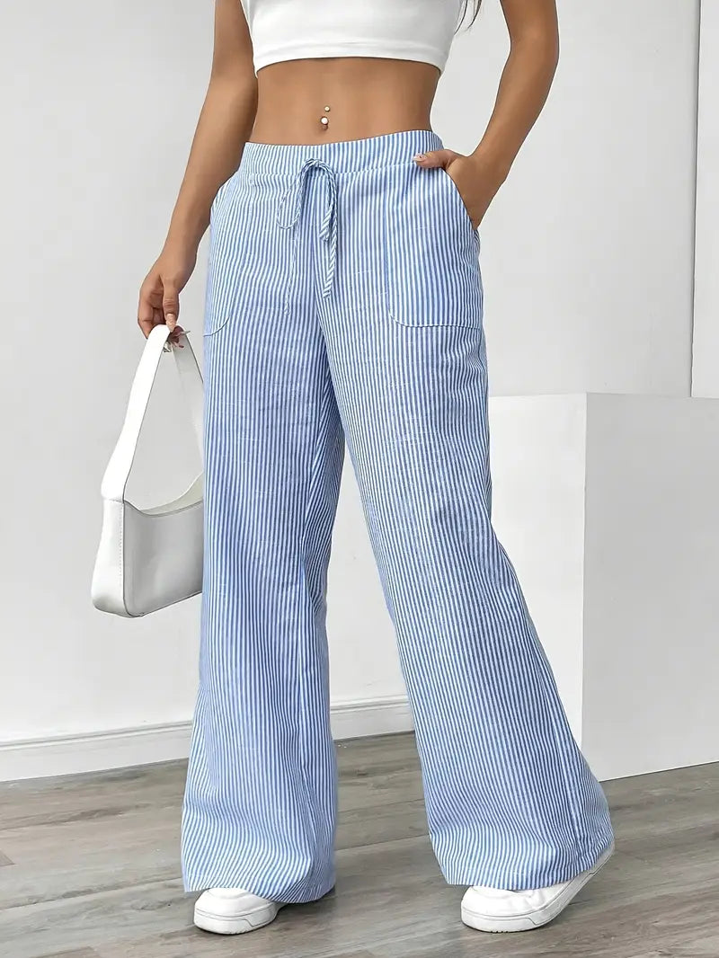 Pantalon rayé pour femmes avec jambe large et cordon de serrage
