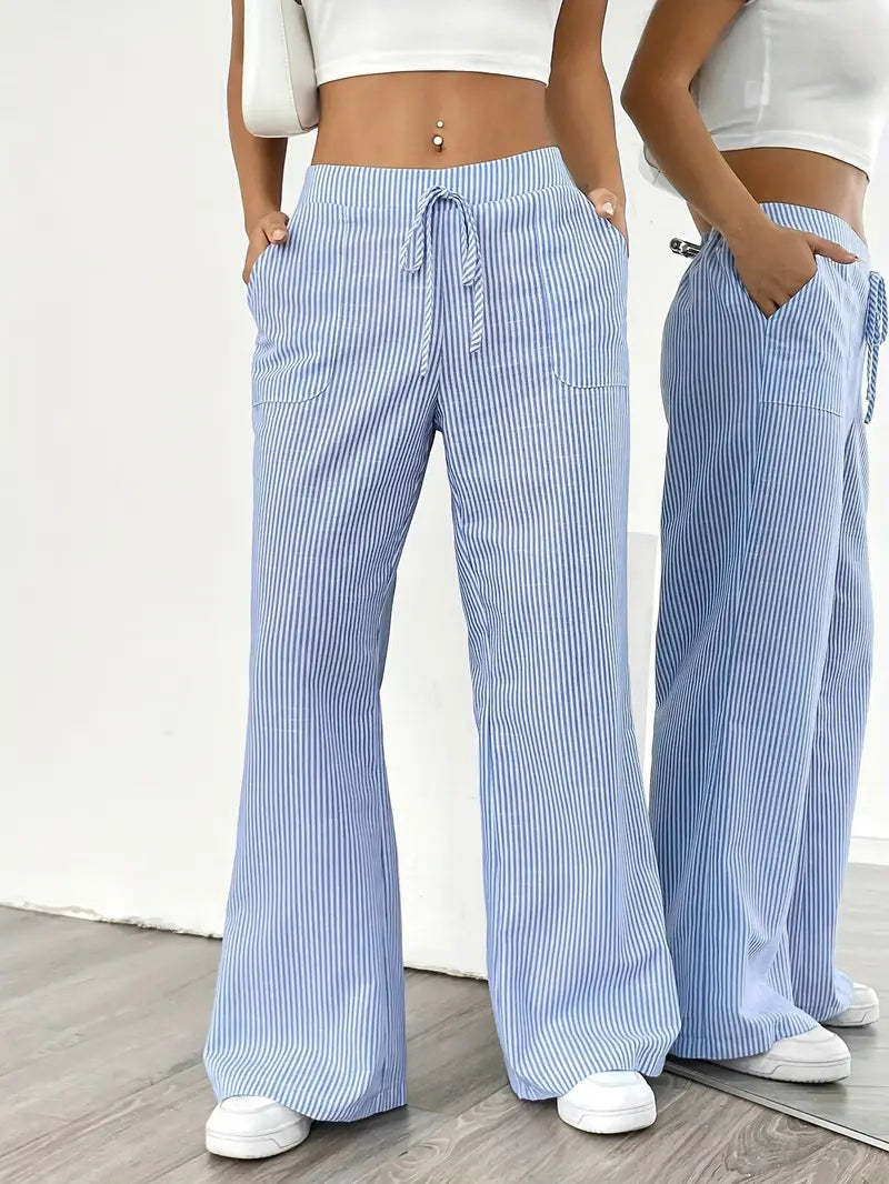 Pantalon rayé pour femmes avec jambe large et cordon de serrage