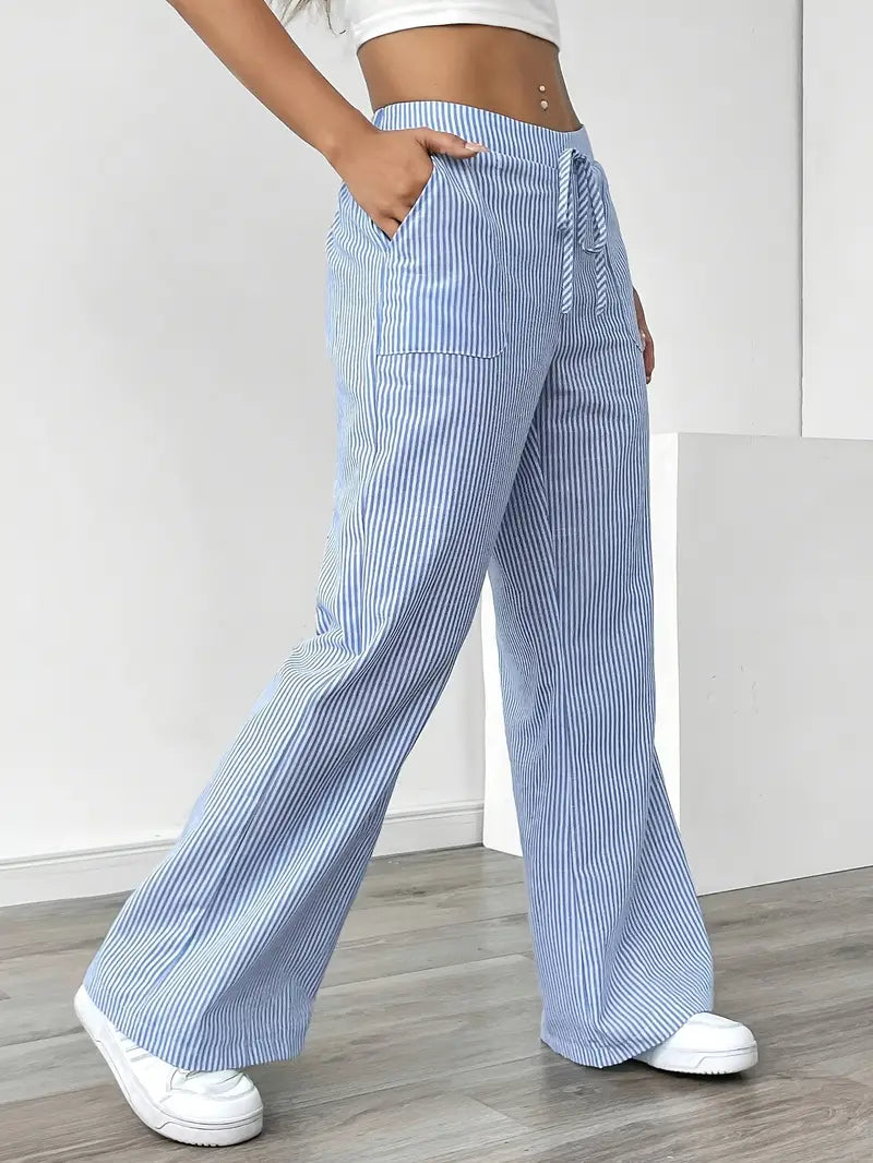Pantalon rayé pour femmes avec jambe large et cordon de serrage