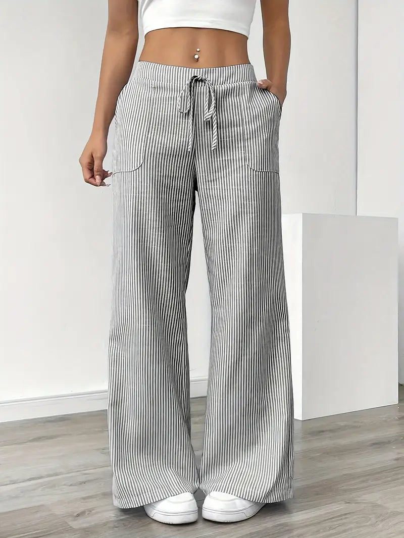 Pantalon rayé pour femmes avec jambe large et cordon de serrage