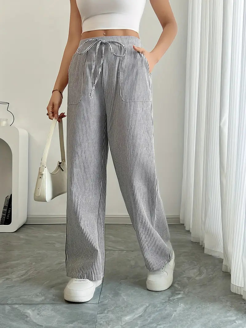 Pantalon rayé pour femmes avec jambe large et cordon de serrage