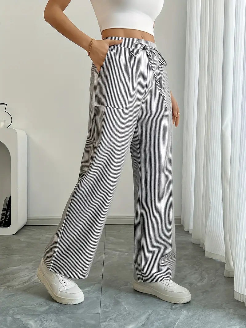 Pantalon rayé pour femmes avec jambe large et cordon de serrage