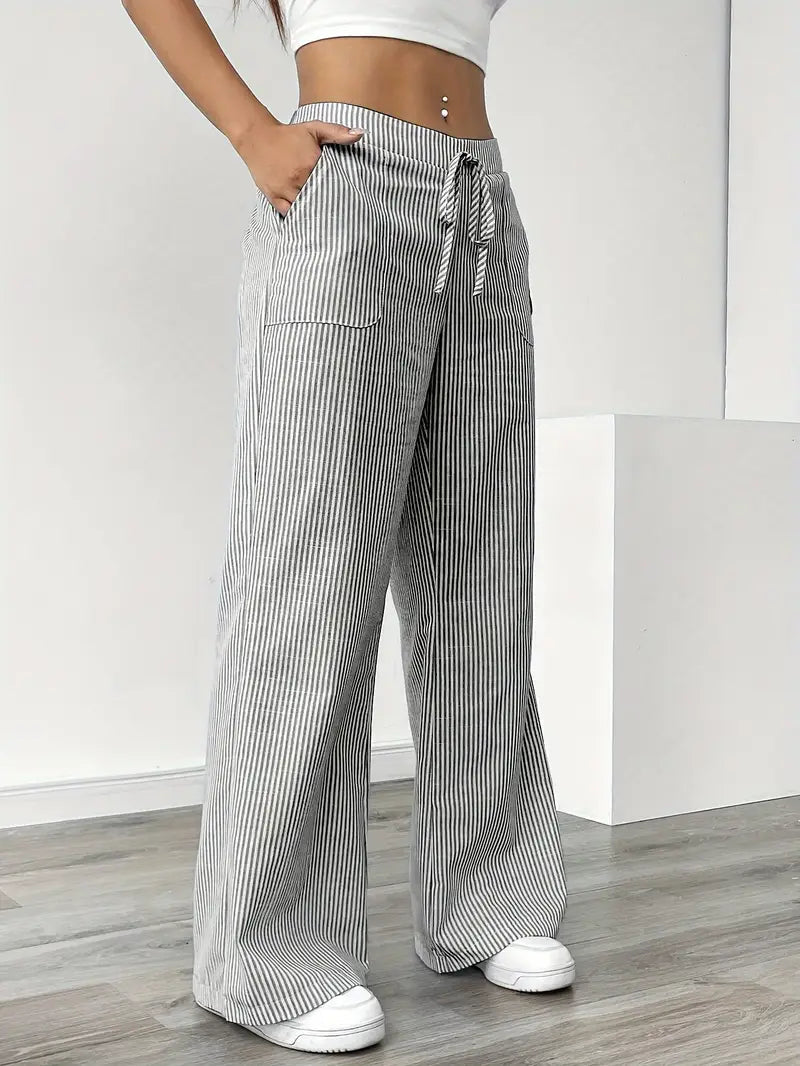 Pantalon rayé pour femmes avec jambe large et cordon de serrage