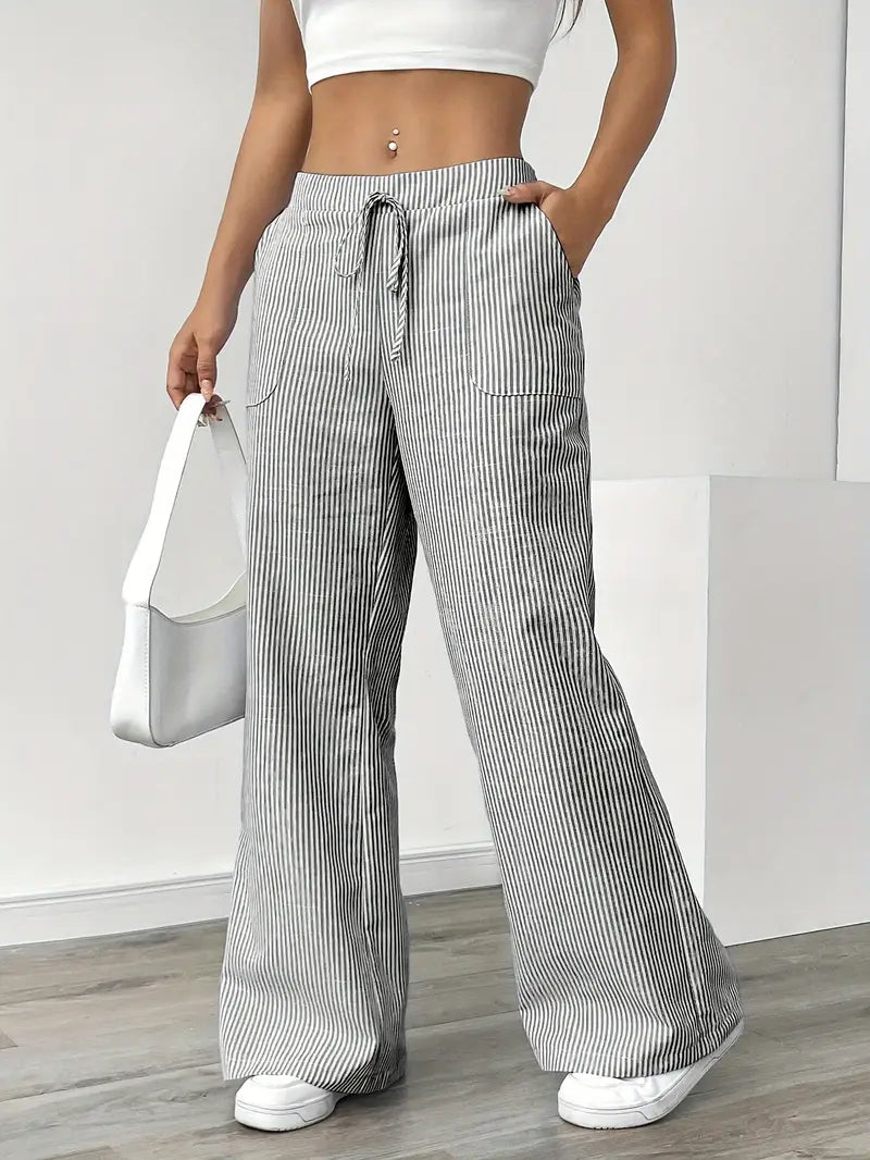 Pantalon rayé pour femmes avec jambe large et cordon de serrage