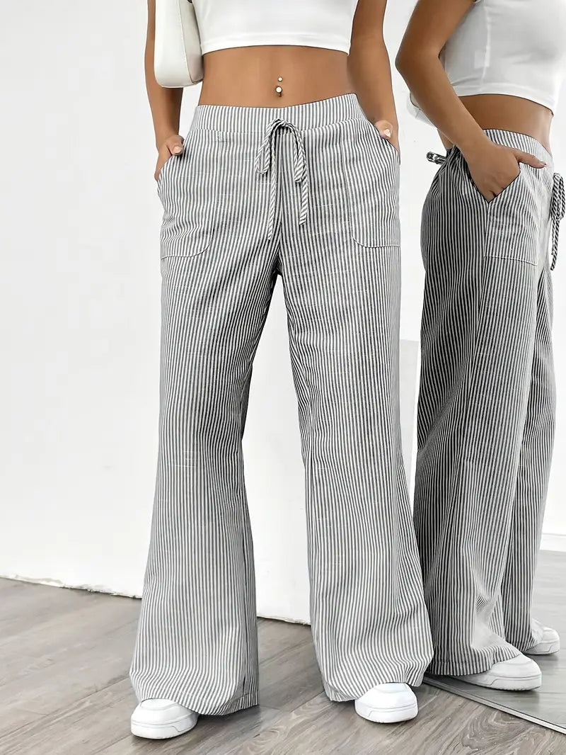 Pantalon rayé pour femmes avec jambe large et cordon de serrage