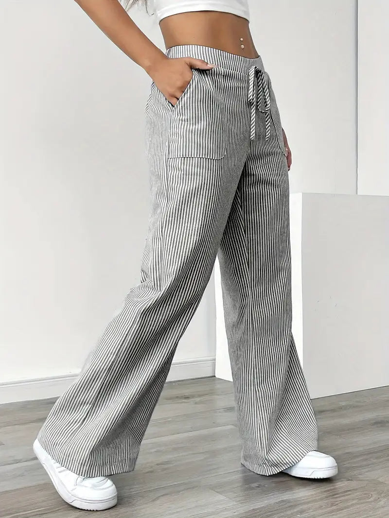 Pantalon rayé pour femmes avec jambe large et cordon de serrage