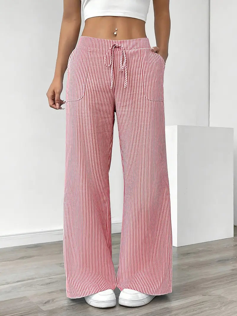 Pantalon rayé pour femmes avec jambe large et cordon de serrage