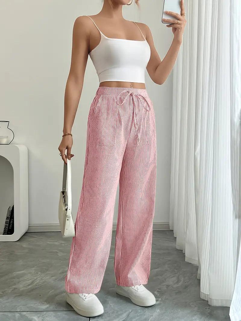 Pantalon rayé pour femmes avec jambe large et cordon de serrage